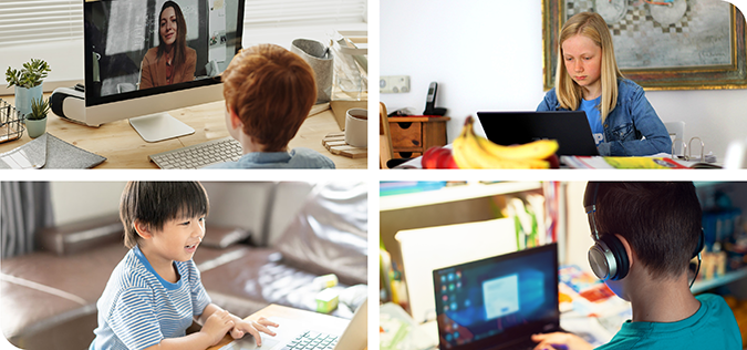 Four different children participating in online learning or using computers.