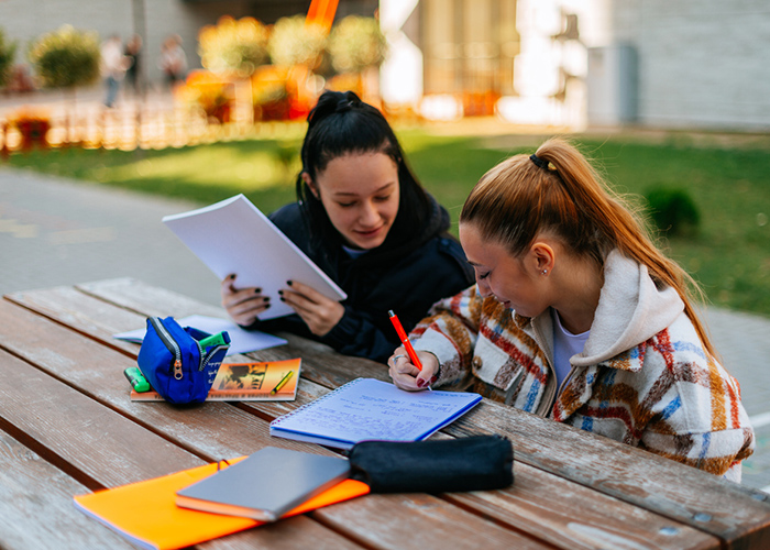 Two teenage girls studying together at an outdoor picnic table.