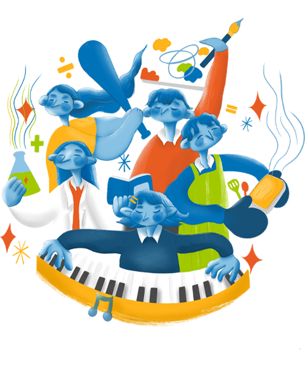 An illustration of school children participating in a number of subjects and lessons; playing a keyboard, holding science equipment, using a baseball bat, holding art equipment and holding cooking utensils.