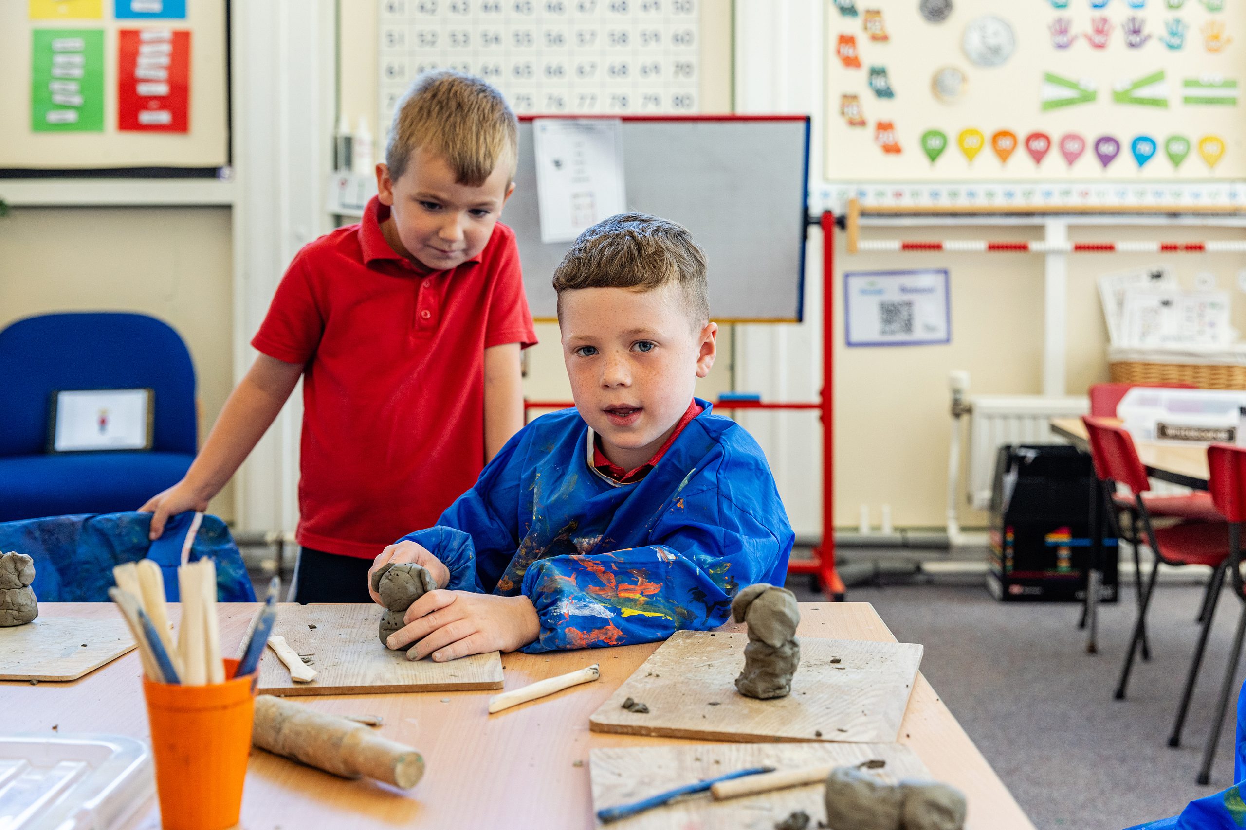 Two primary school students in art class