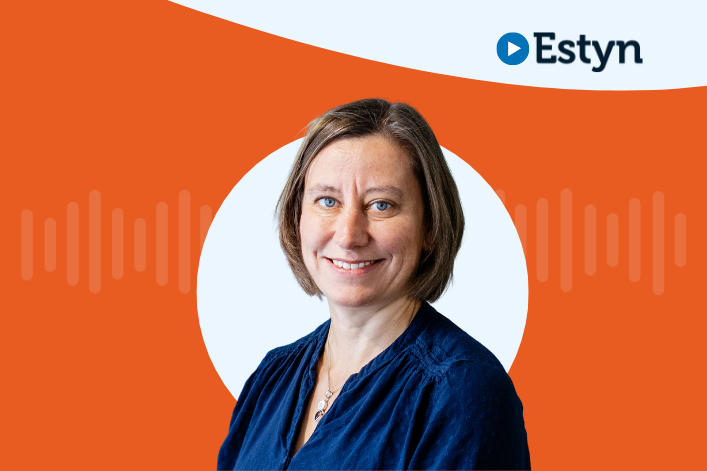 A person in a blue blouse smiling, with the Estyn logo in the upper right corner against an orange and white background.