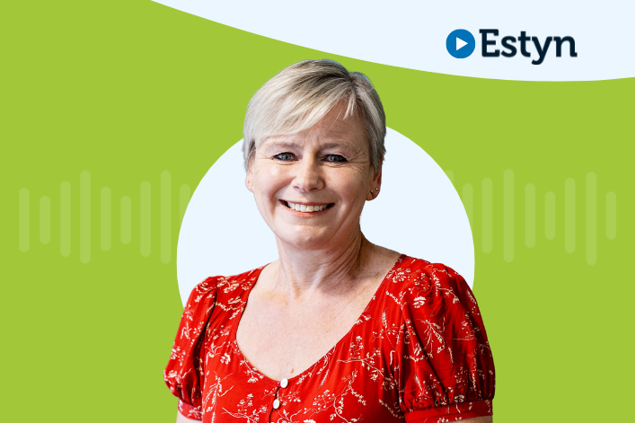 Portrait of a smiling person in a red floral shirt with the Estyn logo in the upper right corner, against a white and green background.