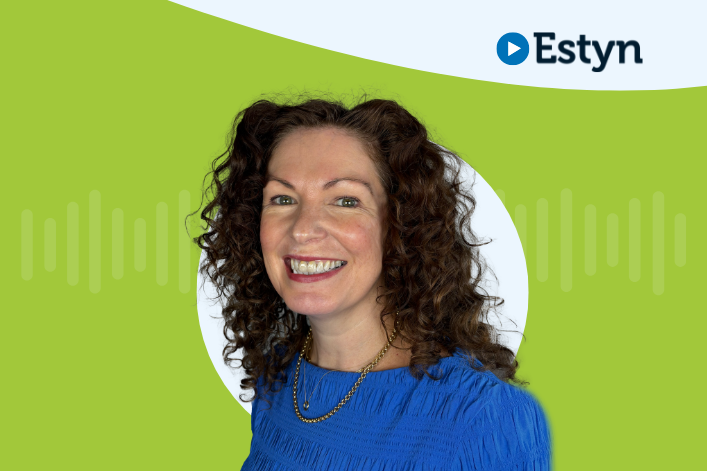 A portrait of a person against an green background with a circular design, with the Estyn logo displayed in the top corner.