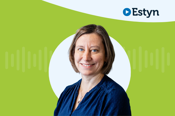 A studio-style portrait of a person set against a green graphic background featuring a white circular shape and subtle waveform design. The Estyn logo appears in the top right corner.