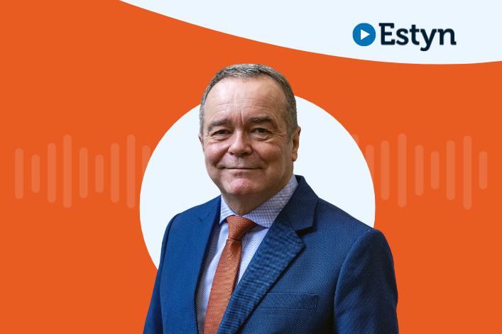 A studio-style portrait of a person set against an orange graphic background featuring a white circular shape and subtle waveform design. The Estyn logo appears in the top right corner.