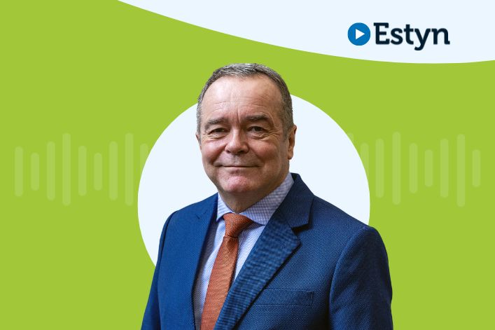 A studio-style portrait of a person set against a green graphic background featuring a white circular shape and subtle waveform design. The Estyn logo appears in the top right corner.