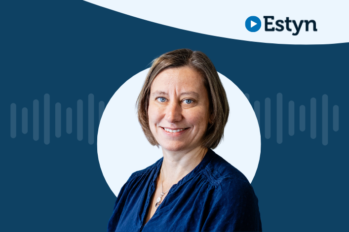 A portrait of a person against a dark blue background with a circular design, with the Estyn logo displayed in the top corner.