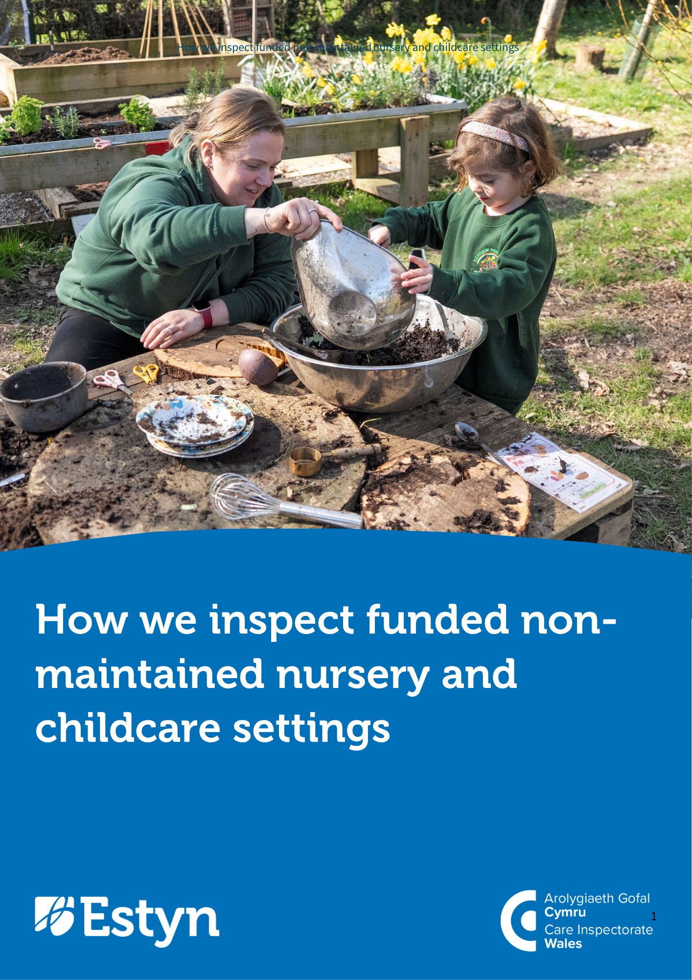 Adult and child mixing soil during an outdoor learning activity in a nursery or childcare setting.