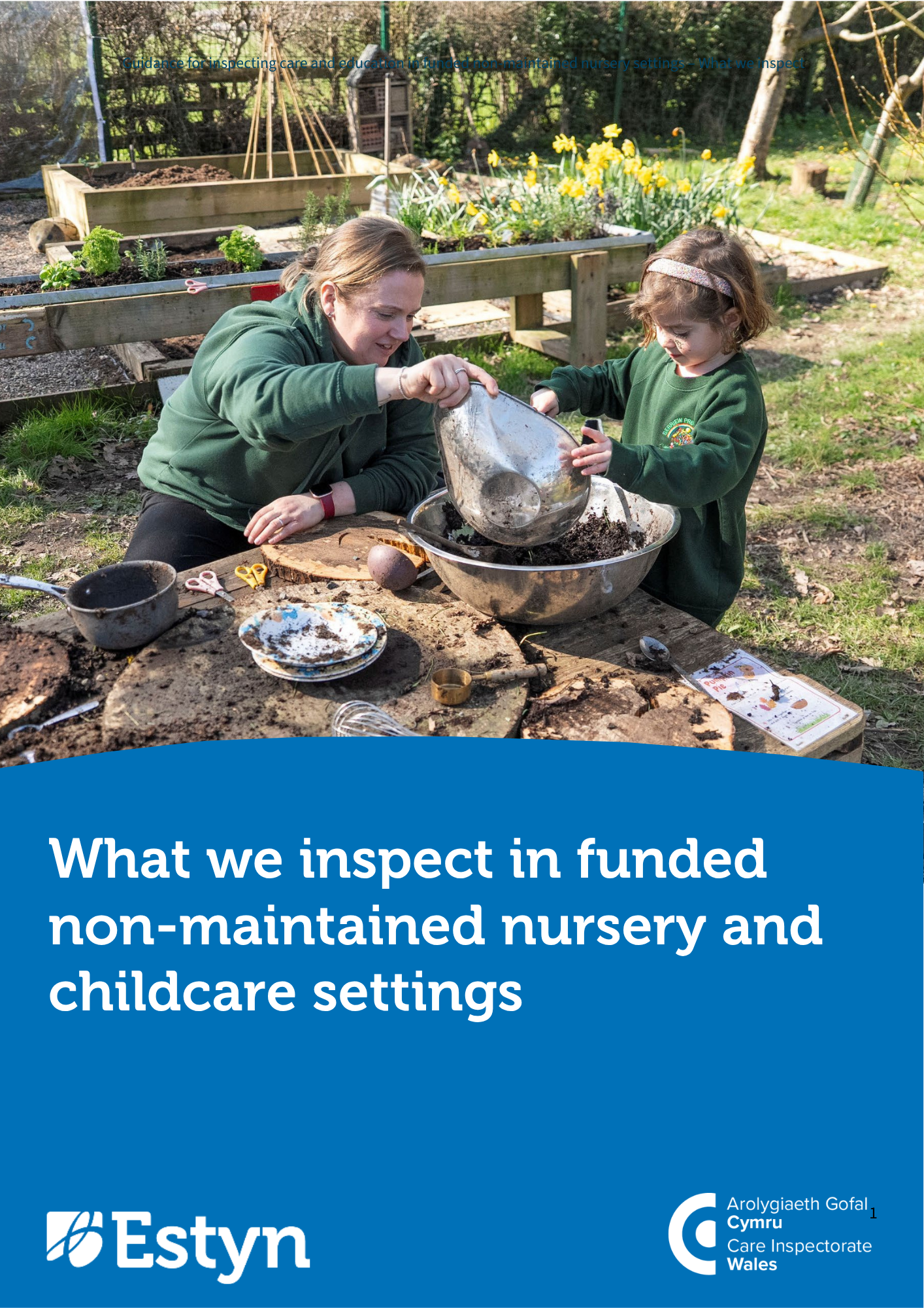 Adult and child mixing soil during an outdoor learning activity in a nursery or childcare setting.