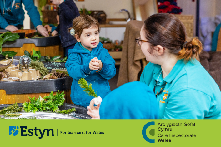 Child and adult engaging in a nature-based learning activity in an early years setting.